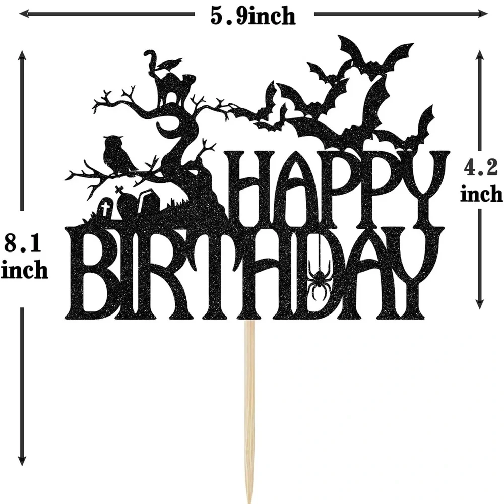 NWT Halloween Happy Birthday Cake Topper Spooky Haunted House Black Glitter